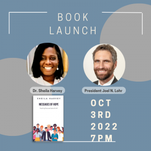 Book launch graphic with photos of Sheila Harvey and President Joel Lohr