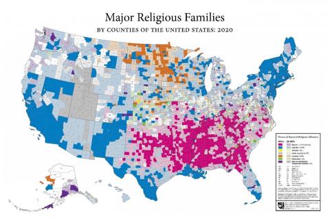Map of U.S. with religious families represented